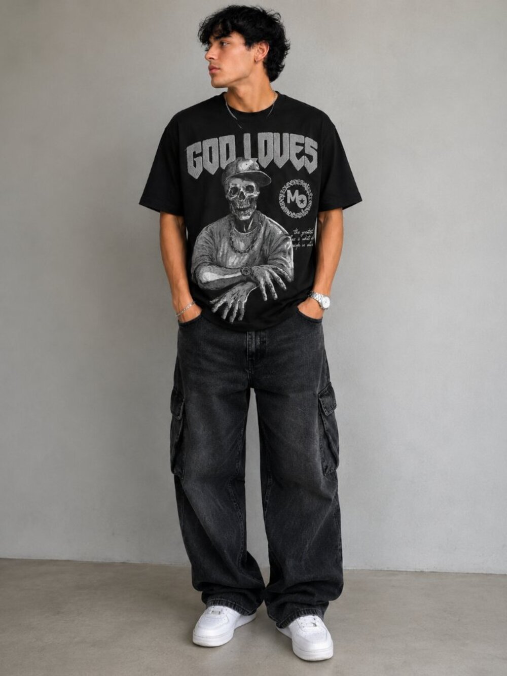 Members Only God Loves Skull Graphic Tee Black Oversized Streetwear M NWT
